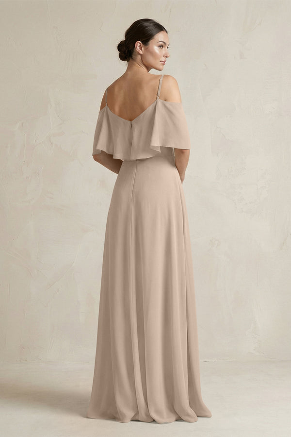 Ruffled Off - the - Shoulder A - Line Chiffon Bridesmaid Gown in Almond - SHE IS ME Bridesmaid Dresses