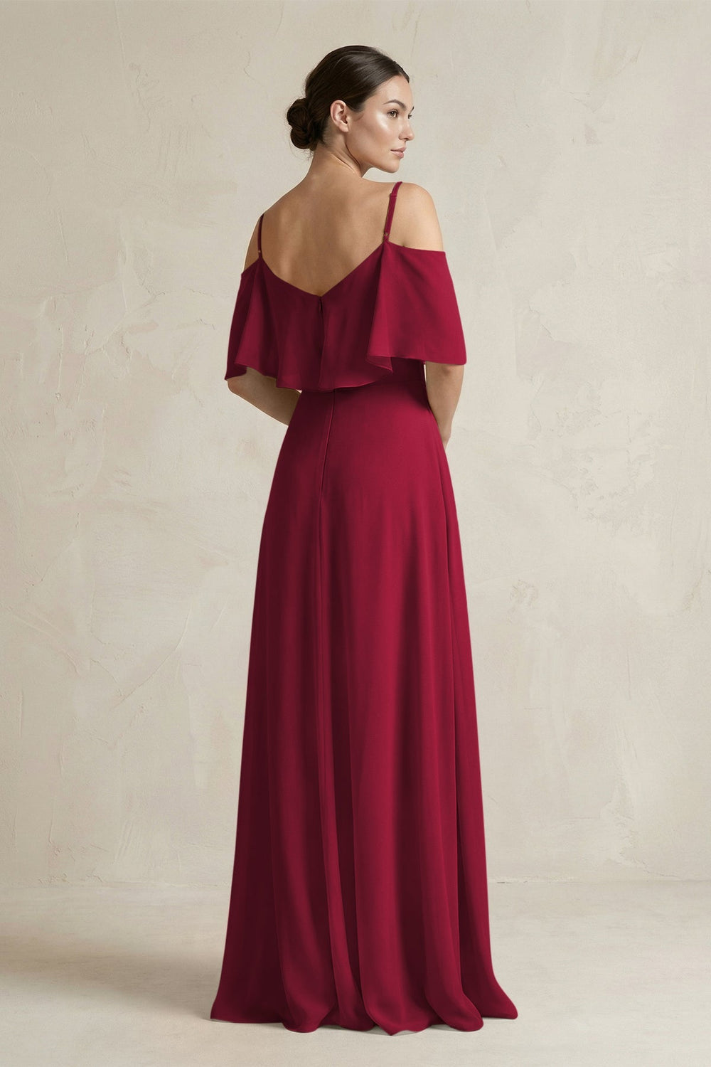 Ruffled Off - the - Shoulder A - Line Chiffon Bridesmaid Gown in Berry - SHE IS ME Bridesmaid Dresses