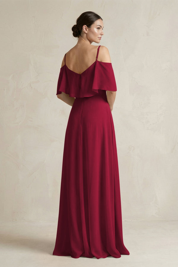 Ruffled Off - the - Shoulder A - Line Chiffon Bridesmaid Gown in Berry - SHE IS ME Bridesmaid Dresses