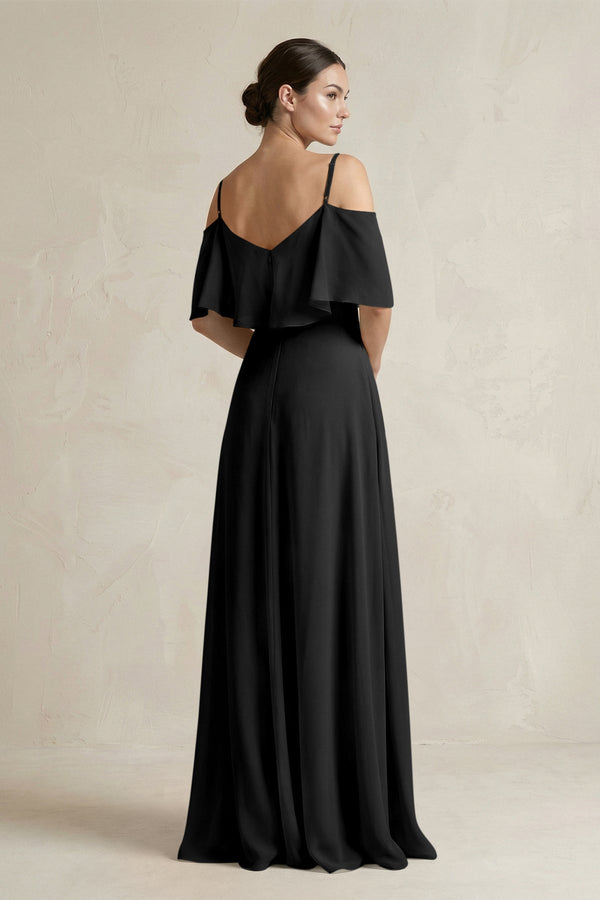 Ruffled Off - the - Shoulder A - Line Chiffon Bridesmaid Gown in Black - SHE IS ME Bridesmaid Dresses