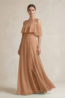 Ruffled Off - the - Shoulder A - Line Chiffon Bridesmaid Gown in Bronzer - SHE IS ME Bridesmaid Dresses