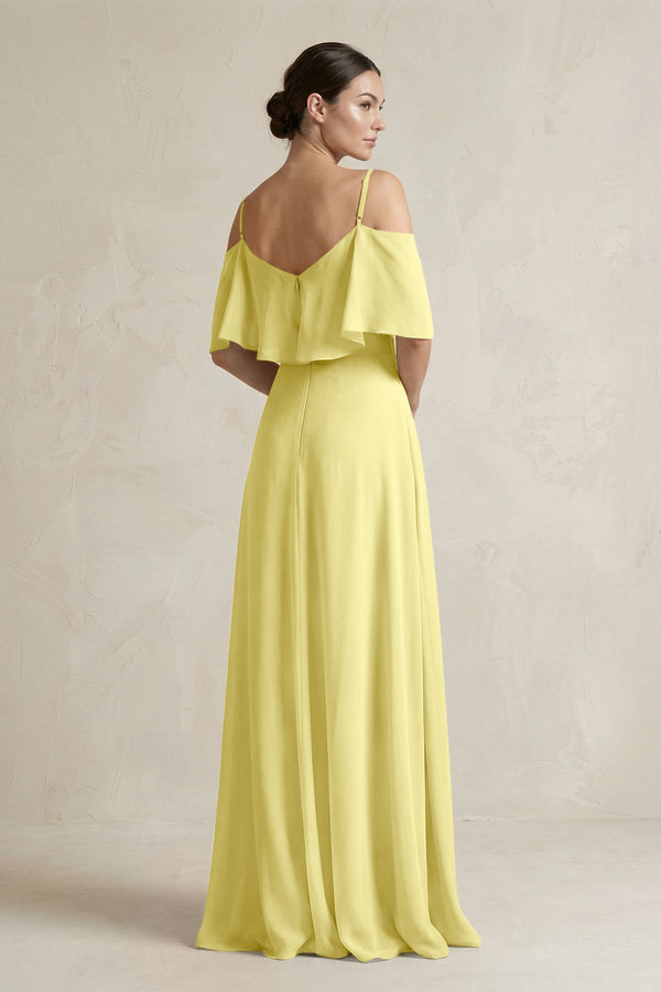 Ruffled Off - the - Shoulder A - Line Chiffon Bridesmaid Gown in Buttercup - SHE IS ME Bridesmaid Dresses
