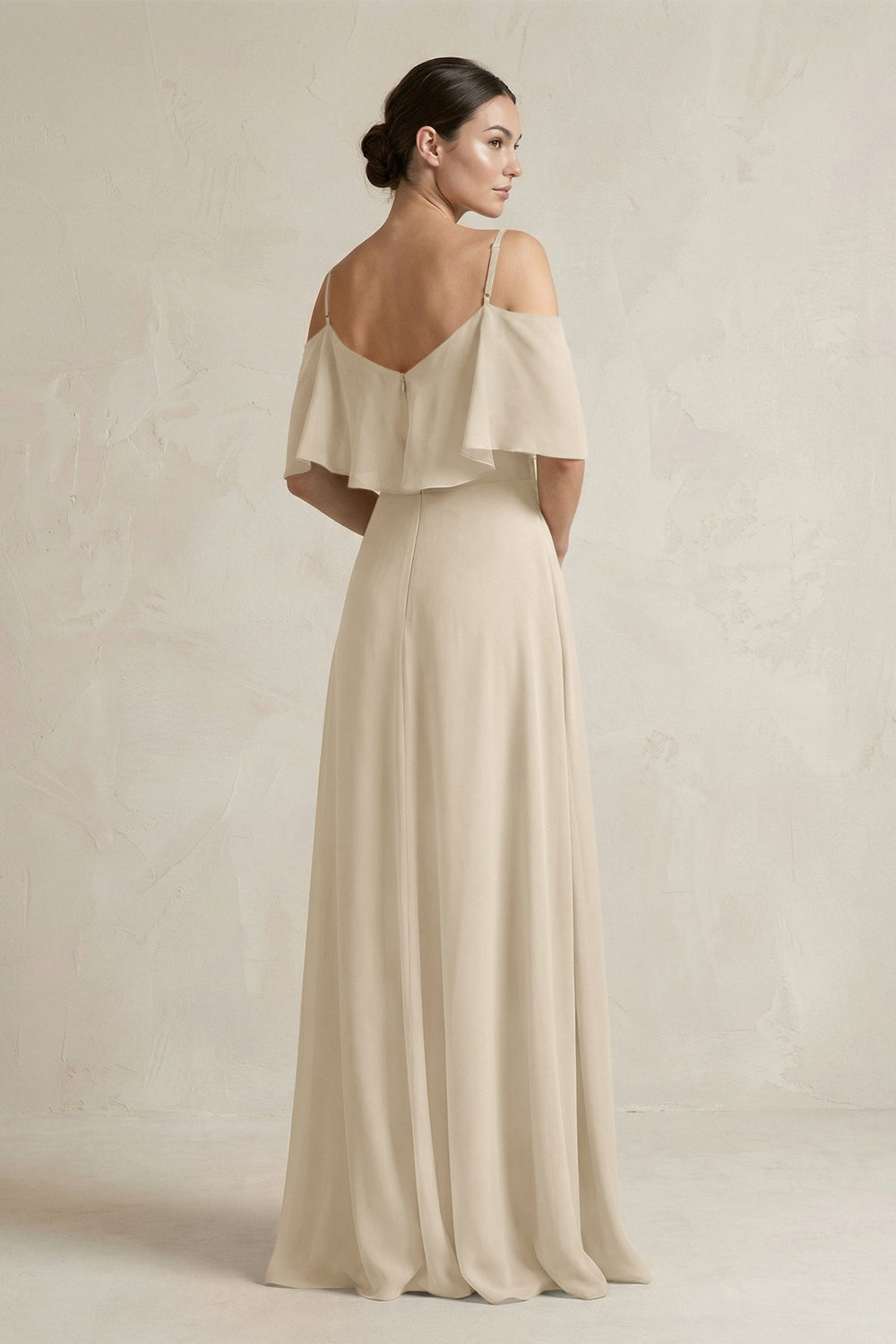 Ruffled Off - the - Shoulder A - Line Chiffon Bridesmaid Gown in Champagne - SHE IS ME Bridesmaid Dresses