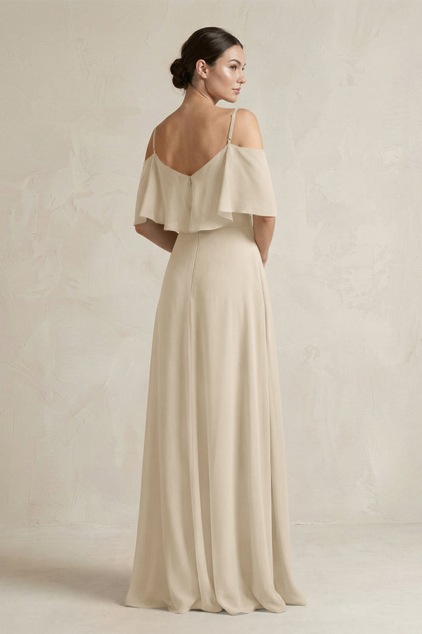 Ruffled Off - the - Shoulder A - Line Chiffon Bridesmaid Gown in Champagne - SHE IS ME Bridesmaid Dresses
