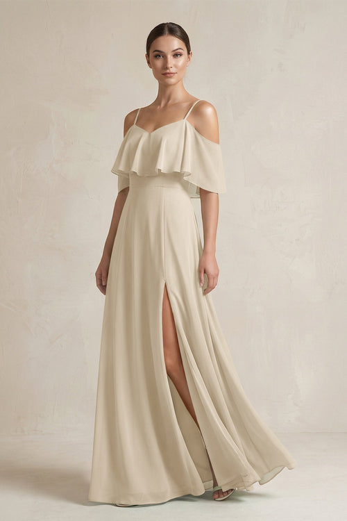 Ruffled Off - the - Shoulder A - Line Chiffon Bridesmaid Gown in Champagne - SHE IS ME Bridesmaid Dresses