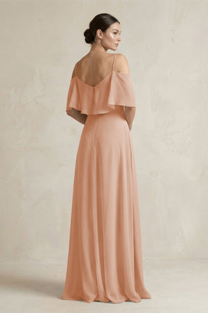 Ruffled Off - the - Shoulder A - Line Chiffon Bridesmaid Gown in Champagne Rose - SHE IS ME Bridesmaid Dresses