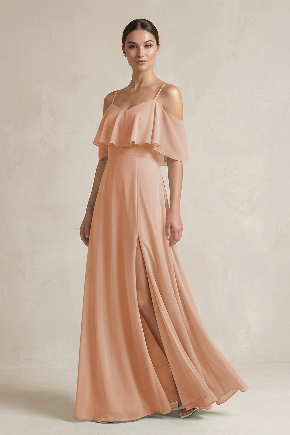 Ruffled Off - the - Shoulder A - Line Chiffon Bridesmaid Gown in Champagne Rose - SHE IS ME Bridesmaid Dresses