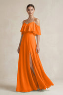 Ruffled Off - the - Shoulder A - Line Chiffon Bridesmaid Gown in Cinnamon - SHE IS ME Bridesmaid Dresses