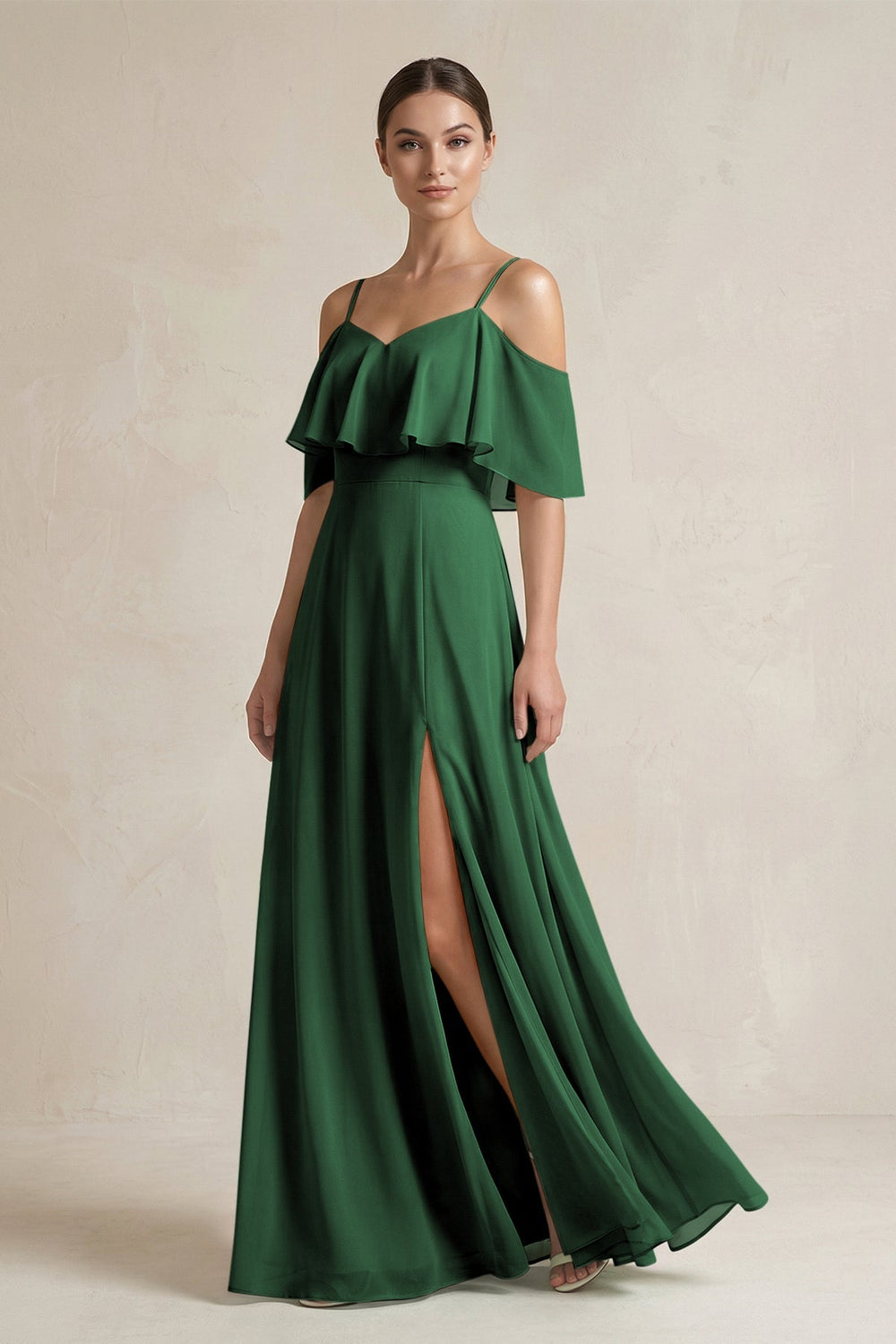 Ruffled Off - the - Shoulder A - Line Chiffon Bridesmaid Gown in Dark Green - SHE IS ME Bridesmaid Dresses