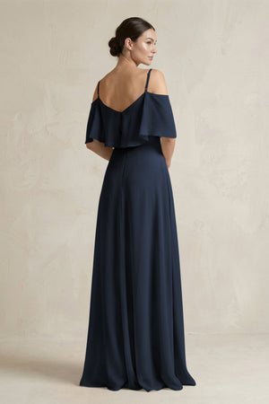 Ruffled Off - the - Shoulder A - Line Chiffon Bridesmaid Gown in Dark Navy - SHE IS ME Bridesmaid Dresses