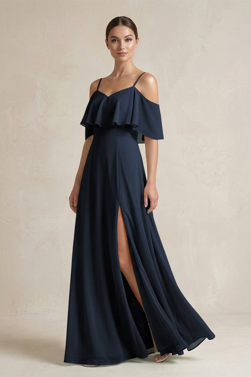 Ruffled Off - the - Shoulder A - Line Chiffon Bridesmaid Gown in Dark Navy - SHE IS ME Bridesmaid Dresses