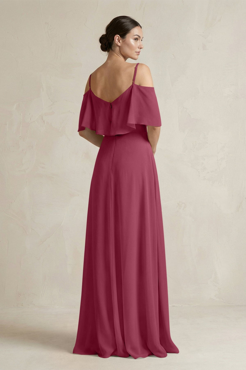 Ruffled Off - the - Shoulder A - Line Chiffon Bridesmaid Gown in Desert Rose - SHE IS ME Bridesmaid Dresses