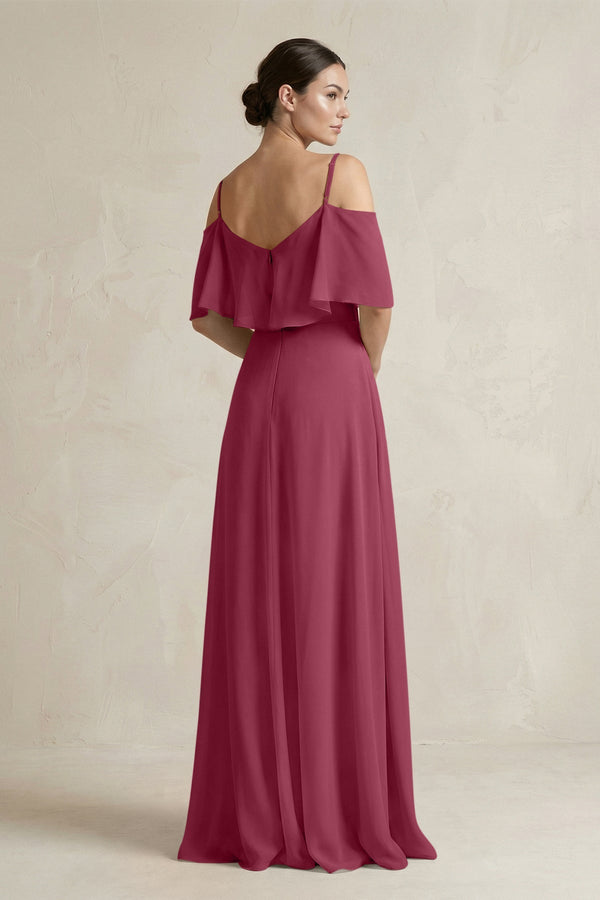 Ruffled Off - the - Shoulder A - Line Chiffon Bridesmaid Gown in Desert Rose - SHE IS ME Bridesmaid Dresses