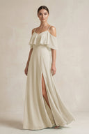 Ruffled Off - the - Shoulder A - Line Chiffon Bridesmaid Gown in Dove Gray - SHE IS ME Bridesmaid Dresses