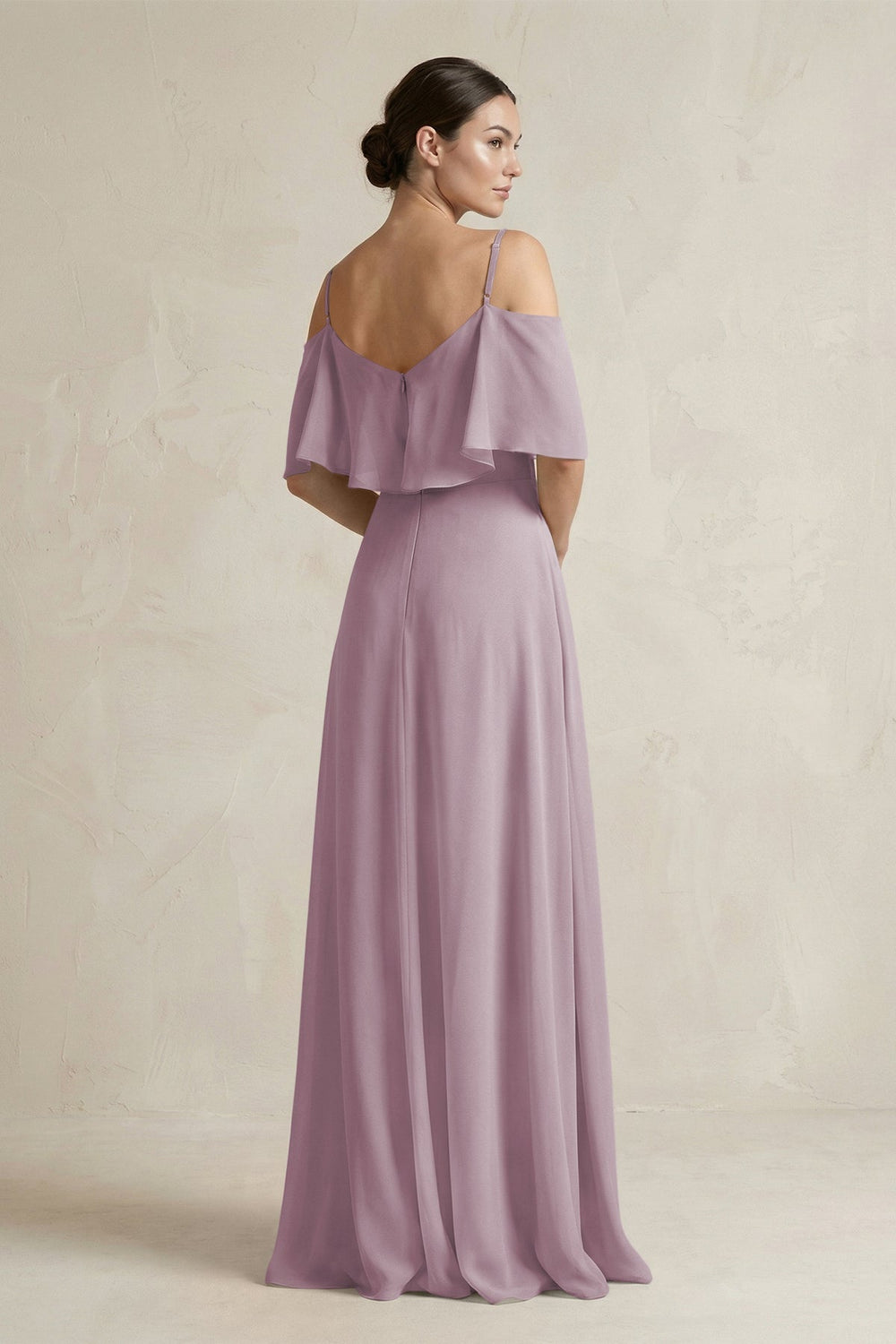 Ruffled Off - the - Shoulder A - Line Chiffon Bridesmaid Gown in Dusk - SHE IS ME Bridesmaid Dresses