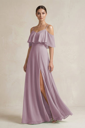 Ruffled Off - the - Shoulder A - Line Chiffon Bridesmaid Gown in Dusk - SHE IS ME Bridesmaid Dresses
