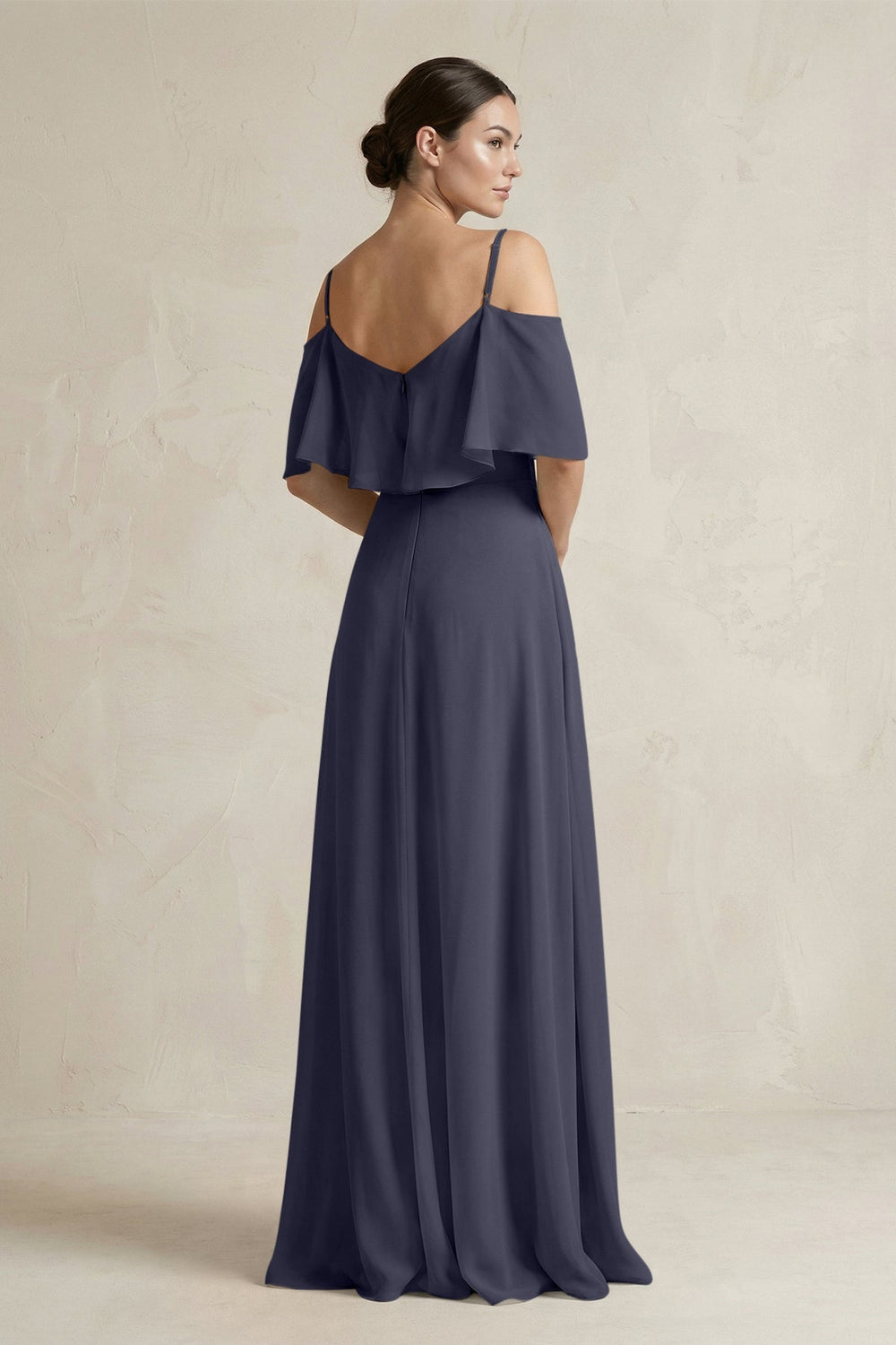 Ruffled Off - the - Shoulder A - Line Chiffon Bridesmaid Gown in Dusk Blue - SHE IS ME Bridesmaid Dresses