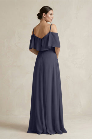 Ruffled Off - the - Shoulder A - Line Chiffon Bridesmaid Gown in Dusk Blue - SHE IS ME Bridesmaid Dresses