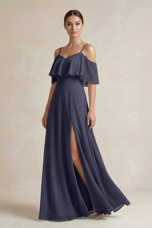 Ruffled Off - the - Shoulder A - Line Chiffon Bridesmaid Gown in Dusk Blue - SHE IS ME Bridesmaid Dresses