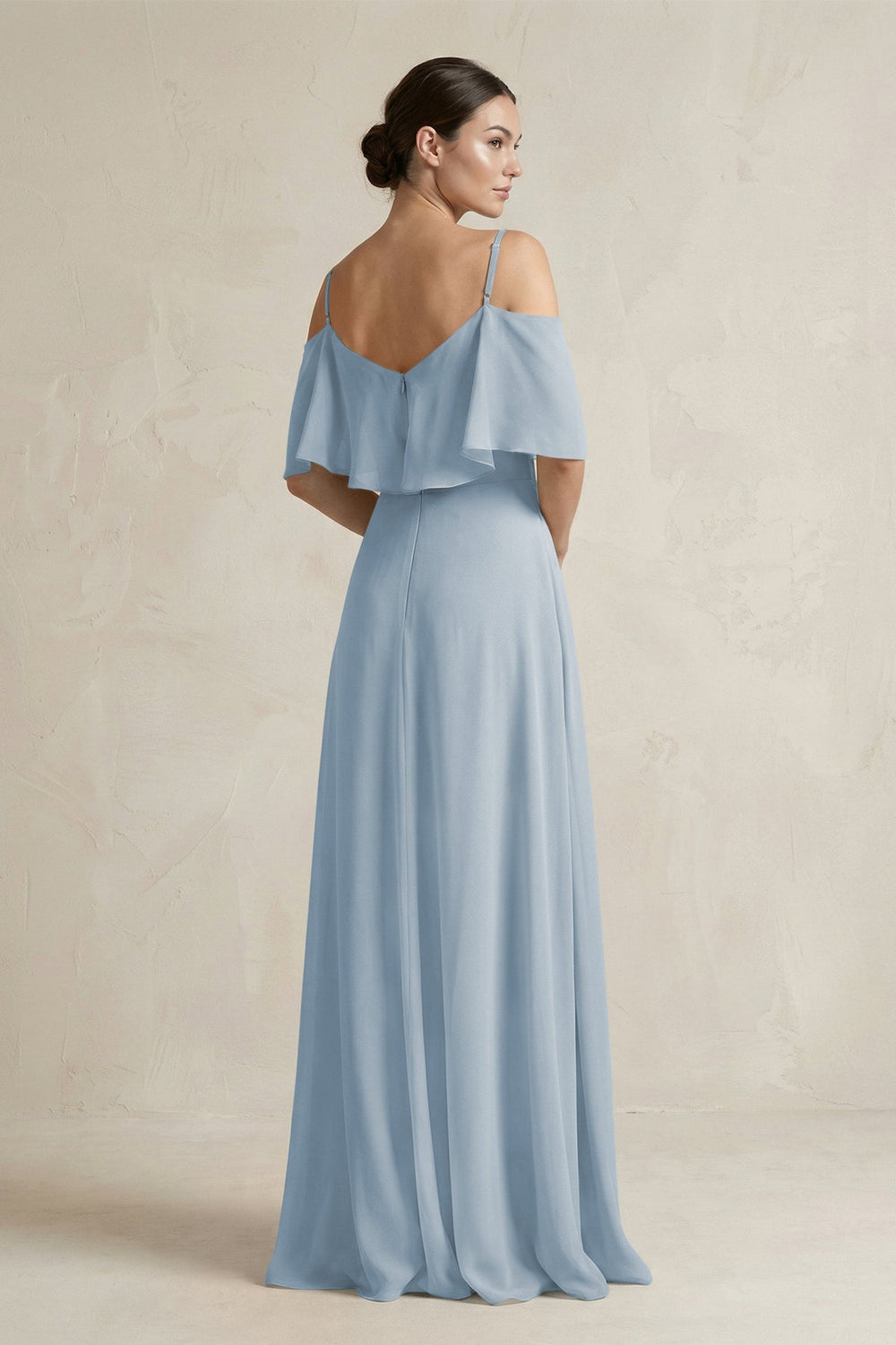 Ruffled Off - the - Shoulder A - Line Chiffon Bridesmaid Gown in Dusty Blue - SHE IS ME Bridesmaid Dresses