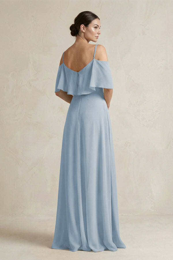 Ruffled Off - the - Shoulder A - Line Chiffon Bridesmaid Gown in Dusty Blue - SHE IS ME Bridesmaid Dresses