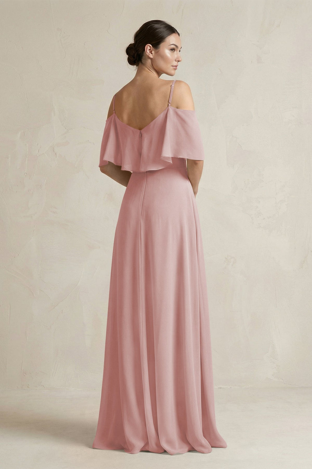 Ruffled Off - the - Shoulder A - Line Chiffon Bridesmaid Gown in Dusty Rose - SHE IS ME Bridesmaid Dresses