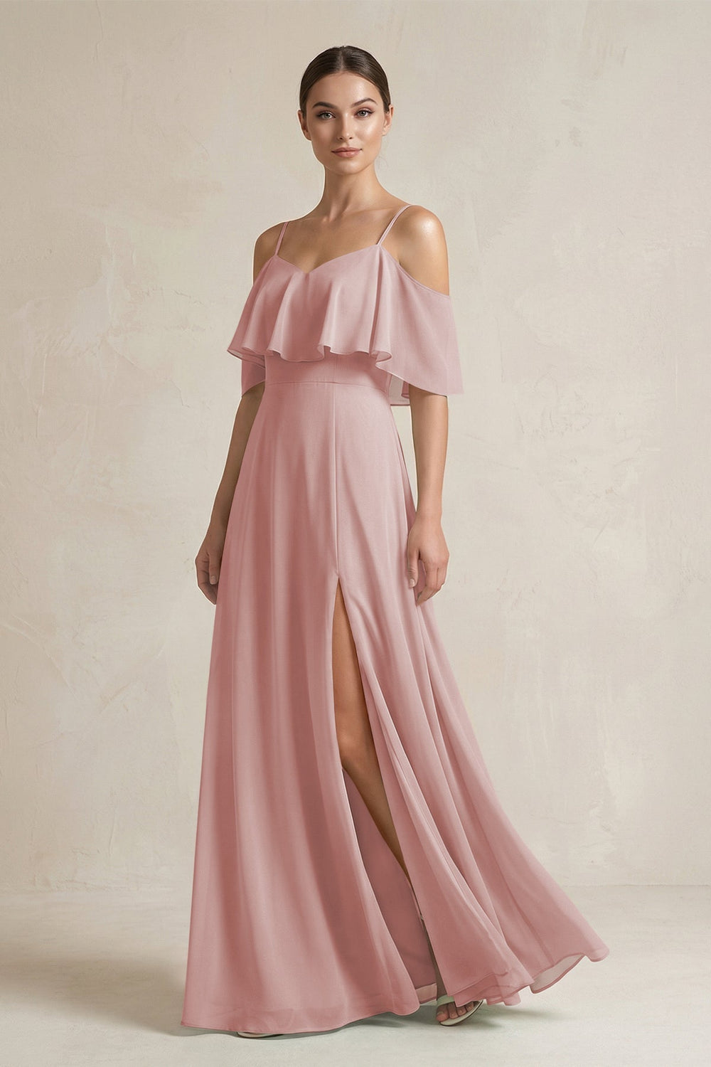 Ruffled Off - the - Shoulder A - Line Chiffon Bridesmaid Gown in Dusty Rose - SHE IS ME Bridesmaid Dresses