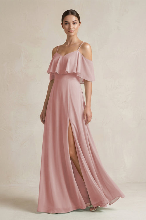 Ruffled Off - the - Shoulder A - Line Chiffon Bridesmaid Gown in Dusty Rose - SHE IS ME Bridesmaid Dresses