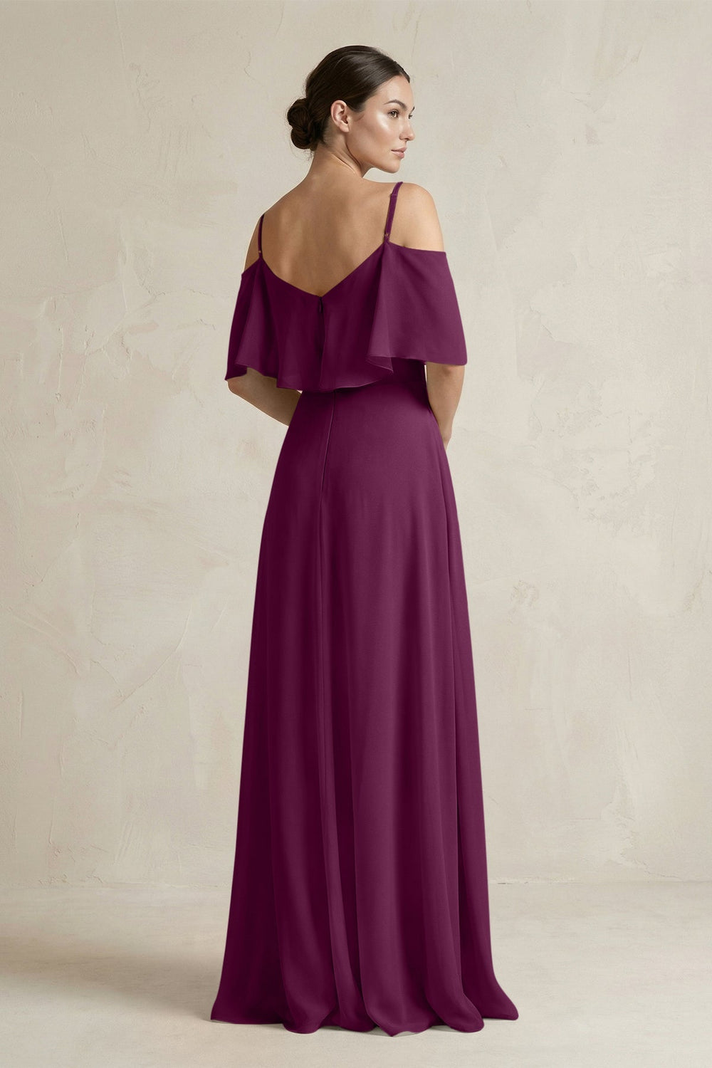 Ruffled Off - the - Shoulder A - Line Chiffon Bridesmaid Gown in Fig - SHE IS ME Bridesmaid Dresses