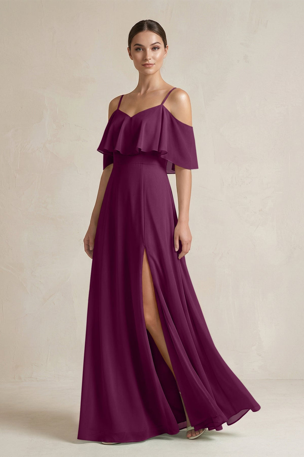 Ruffled Off - the - Shoulder A - Line Chiffon Bridesmaid Gown in Fig - SHE IS ME Bridesmaid Dresses