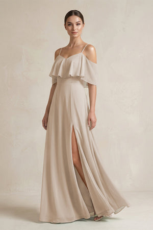 Ruffled Off - the - Shoulder A - Line Chiffon Bridesmaid Gown in Frost - SHE IS ME Bridesmaid Dresses