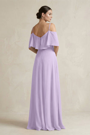 Ruffled Off - the - Shoulder A - Line Chiffon Bridesmaid Gown in Lavender - SHE IS ME Bridesmaid Dresses