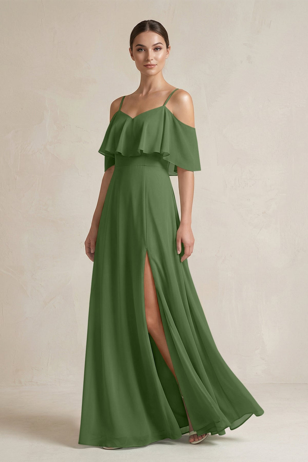 Ruffled Off - the - Shoulder A - Line Chiffon Bridesmaid Gown in Moss - SHE IS ME Bridesmaid Dresses