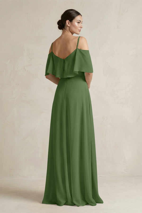 Ruffled Off - the - Shoulder A - Line Chiffon Bridesmaid Gown in Moss - SHE IS ME Bridesmaid Dresses