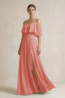 Ruffled Off - the - Shoulder A - Line Chiffon Bridesmaid Gown in Mulberry - SHE IS ME Bridesmaid Dresses