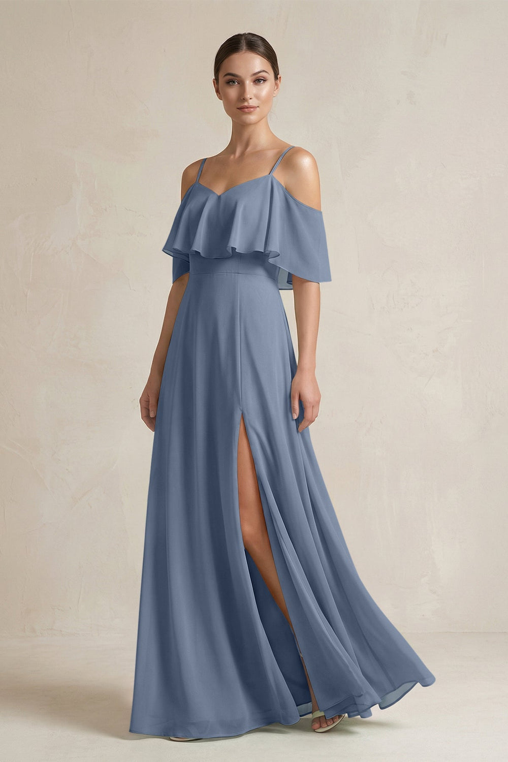 Ruffled Off - the - Shoulder A - Line Chiffon Bridesmaid Gown in Neptune - SHE IS ME Bridesmaid Dresses
