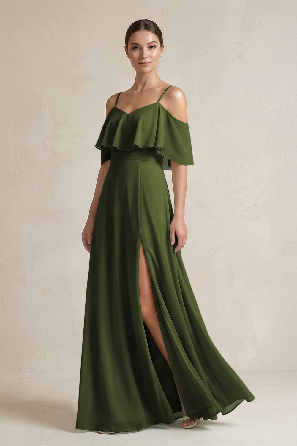 Ruffled Off - the - Shoulder A - Line Chiffon Bridesmaid Gown in Olive - SHE IS ME Bridesmaid Dresses
