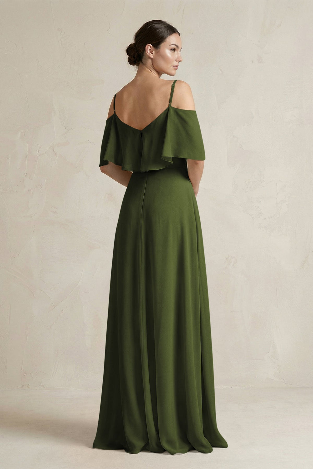 Ruffled Off - the - Shoulder A - Line Chiffon Bridesmaid Gown in Olive - SHE IS ME Bridesmaid Dresses