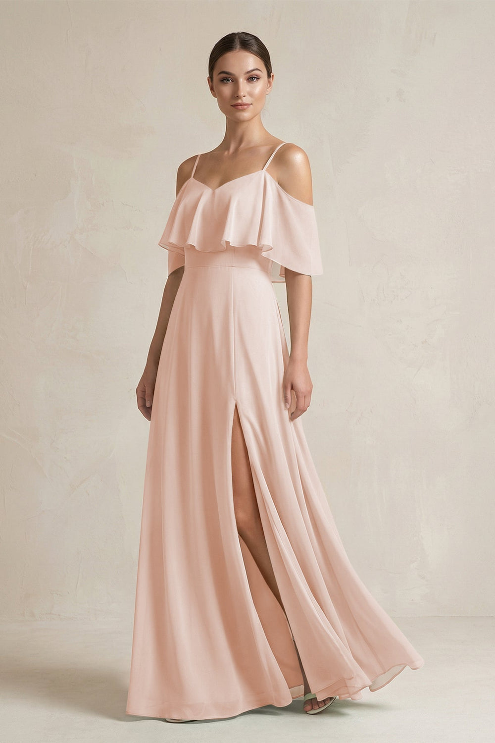 Ruffled Off - the - Shoulder A - Line Chiffon Bridesmaid Gown in Pale Blush - SHE IS ME Bridesmaid Dresses