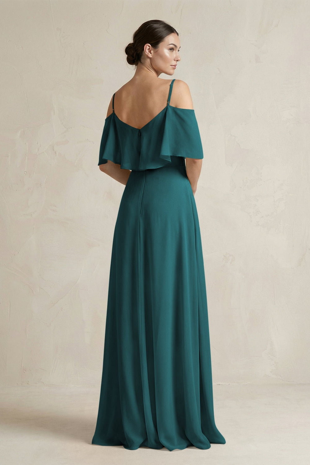 Ruffled Off - the - Shoulder A - Line Chiffon Bridesmaid Gown in Pine - SHE IS ME Bridesmaid Dresses