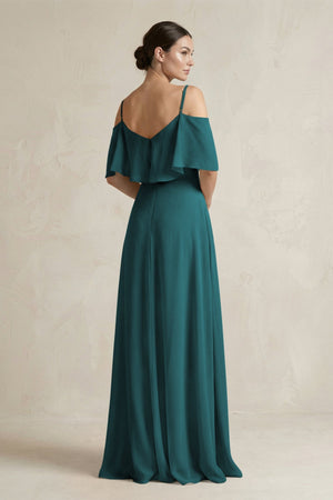 Ruffled Off - the - Shoulder A - Line Chiffon Bridesmaid Gown in Pine - SHE IS ME Bridesmaid Dresses
