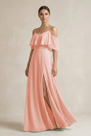 Ruffled Off - the - Shoulder A - Line Chiffon Bridesmaid Gown in Rose Petal - SHE IS ME Bridesmaid Dresses