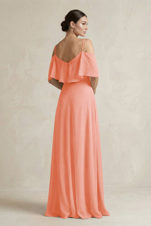 Ruffled Off - the - Shoulder A - Line Chiffon Bridesmaid Gown in Rosette - SHE IS ME Bridesmaid Dresses