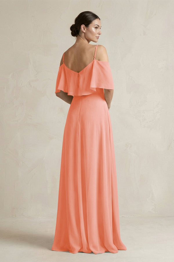 Ruffled Off - the - Shoulder A - Line Chiffon Bridesmaid Gown in Rosette - SHE IS ME Bridesmaid Dresses