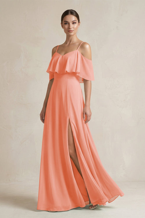 Ruffled Off - the - Shoulder A - Line Chiffon Bridesmaid Gown in Rosette - SHE IS ME Bridesmaid Dresses
