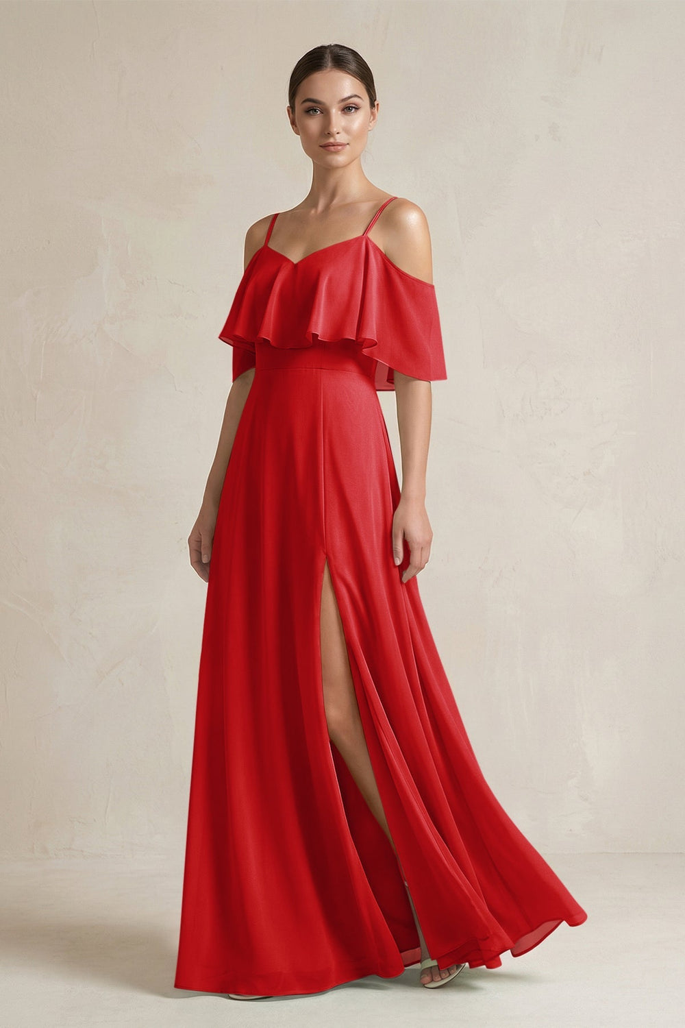 Ruffled Off - the - Shoulder A - Line Chiffon Bridesmaid Gown in Ruby Red - SHE IS ME Bridesmaid Dresses