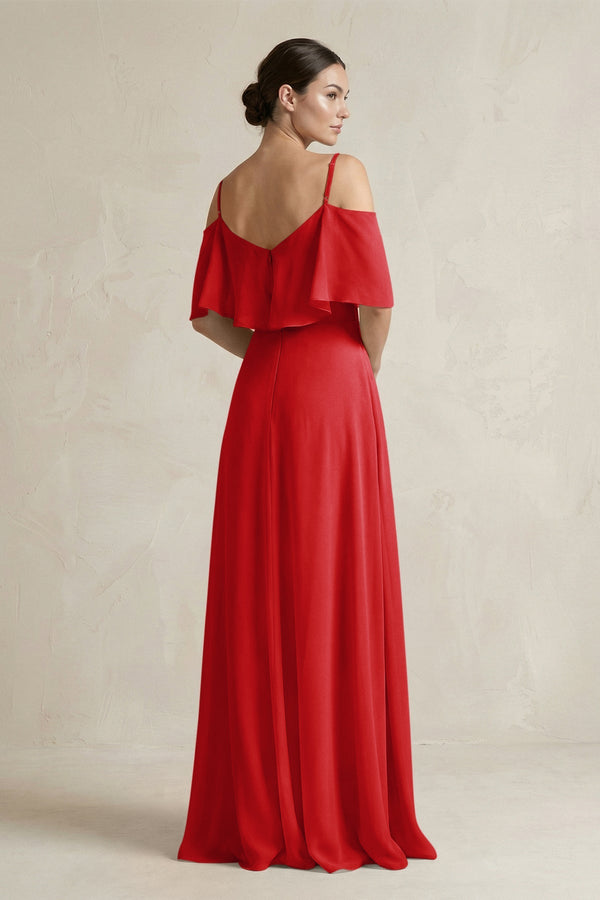 Ruffled Off - the - Shoulder A - Line Chiffon Bridesmaid Gown in Ruby Red - SHE IS ME Bridesmaid Dresses
