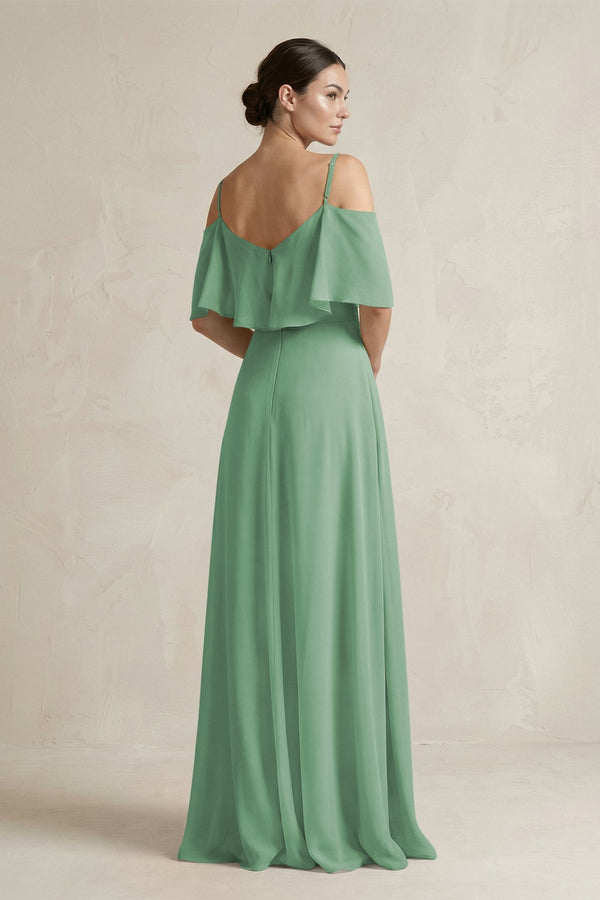 Ruffled Off - the - Shoulder A - Line Chiffon Bridesmaid Gown in Sea Glass - SHE IS ME Bridesmaid Dresses