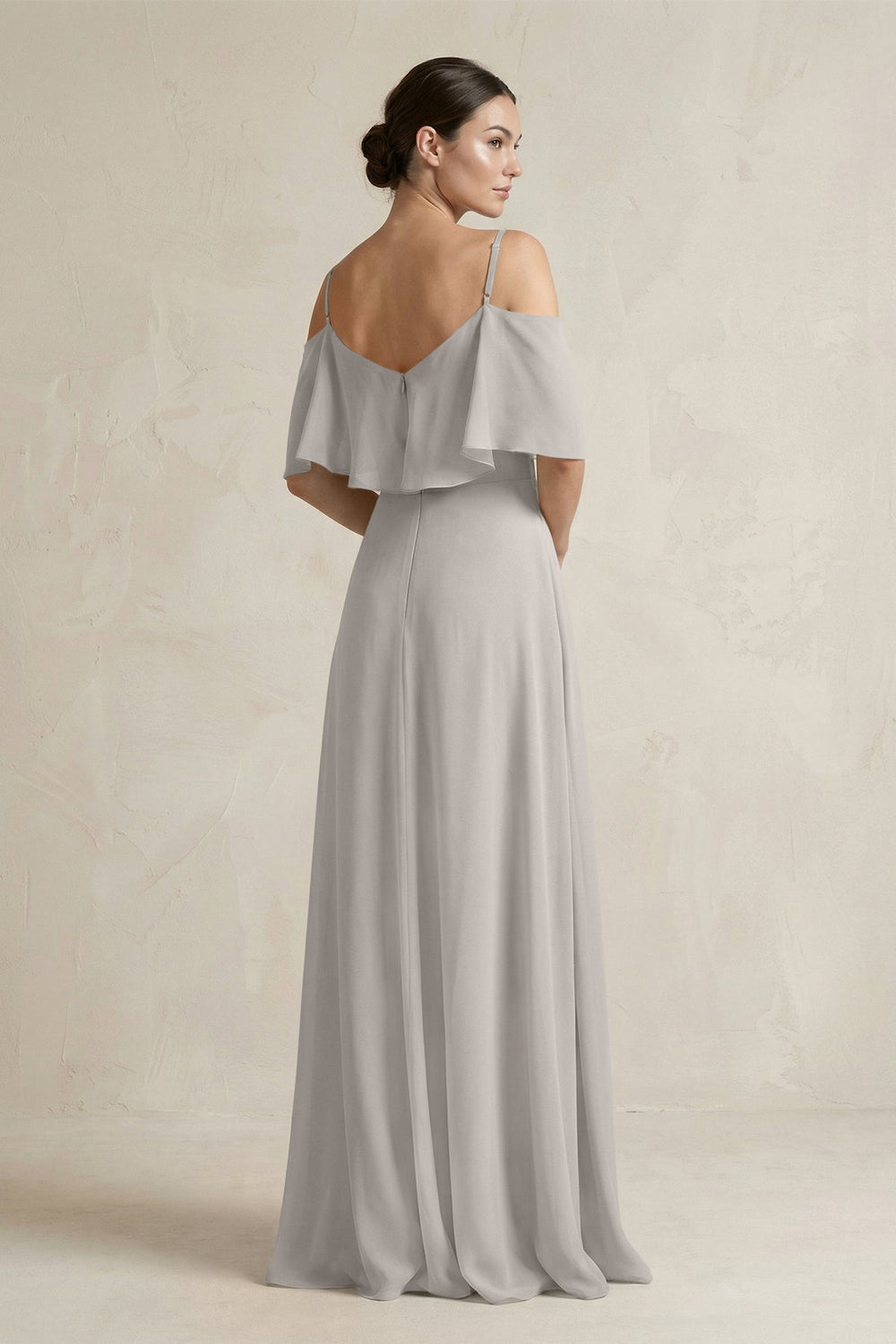 Ruffled Off - the - Shoulder A - Line Chiffon Bridesmaid Gown in Silver - SHE IS ME Bridesmaid Dresses