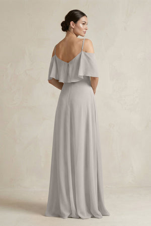 Ruffled Off - the - Shoulder A - Line Chiffon Bridesmaid Gown in Silver - SHE IS ME Bridesmaid Dresses